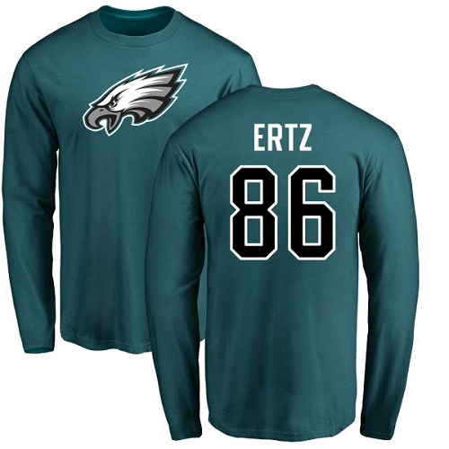 Men Philadelphia Eagles #86 Zach Ertz Green Name and Number Logo Long Sleeve NFL T Shirt